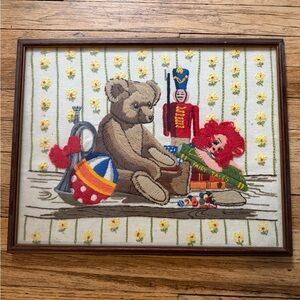 Vintage Embroidered Teddy Bear and Toy Scene Artwork